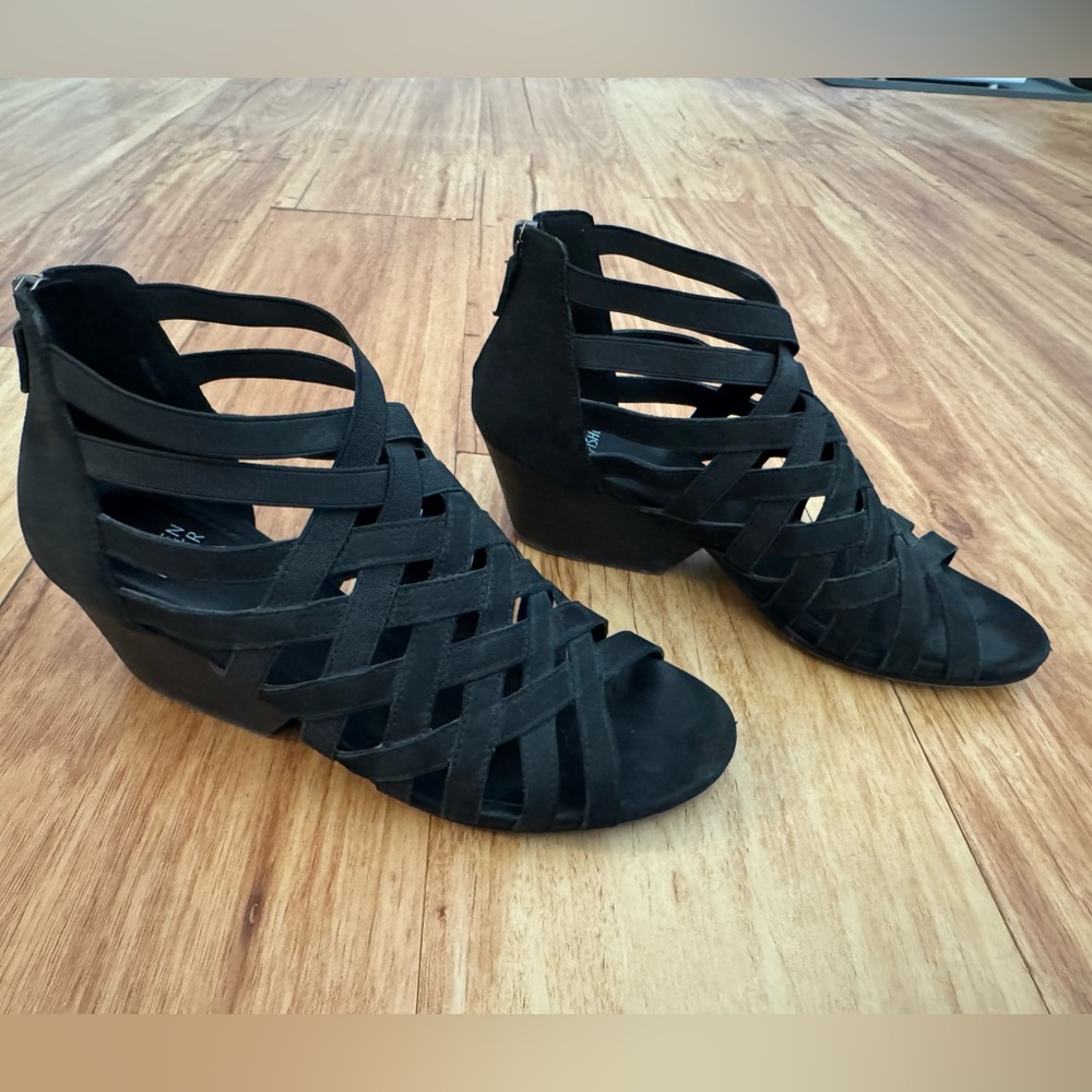Eileen Fisher Oodle Cutout Sandal Stacked Heel Sueded Leather w Stretch 8 Black - Picture 7 of 12